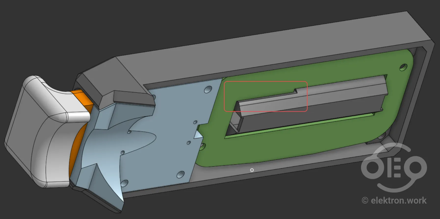 Underside of the enclosure with a cutout for the PCB ledge