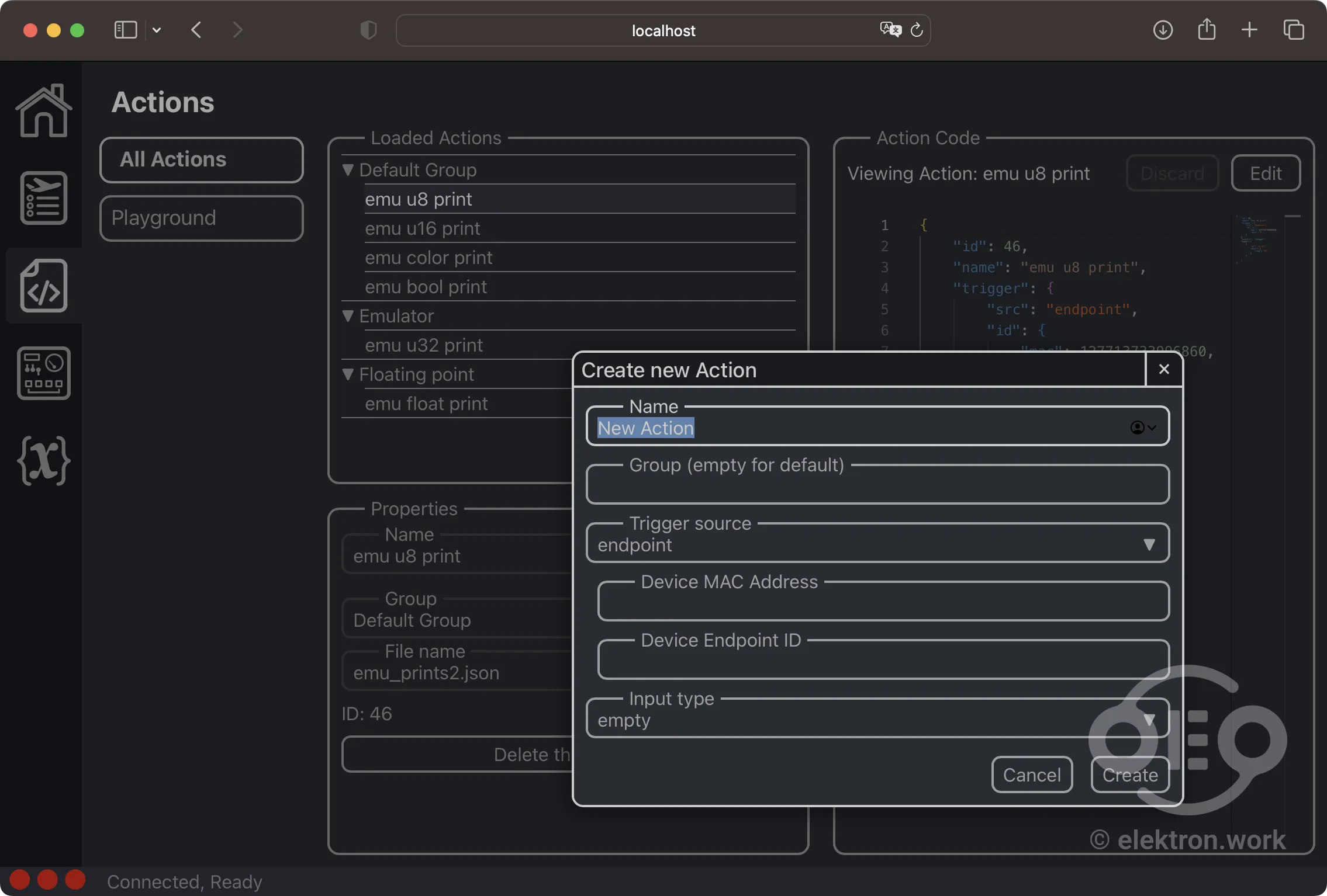 UDISim Control Panel Actions View mit geöffnetem "Create new Action" Dialogfenster 