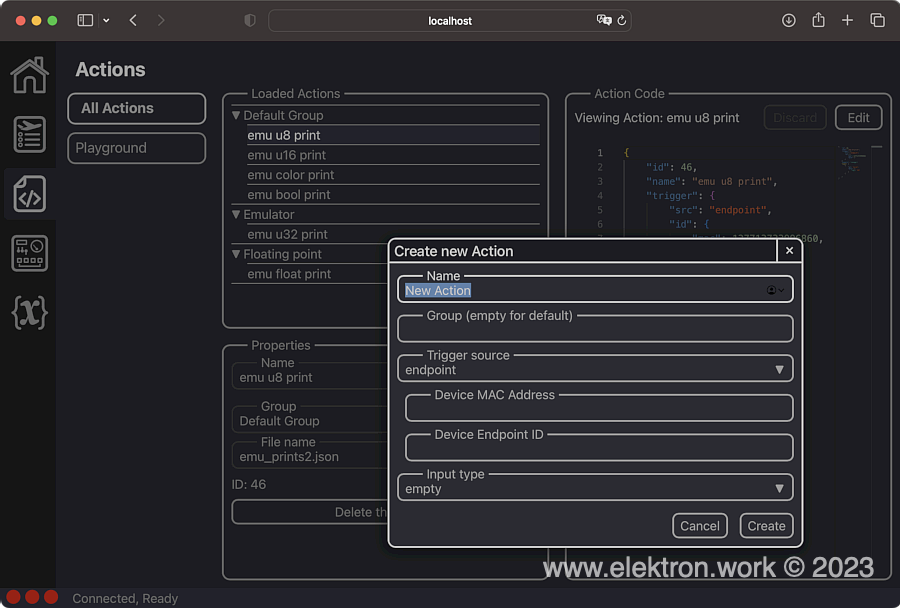 UDISim Control Panel Actions View mit geöffnetem 